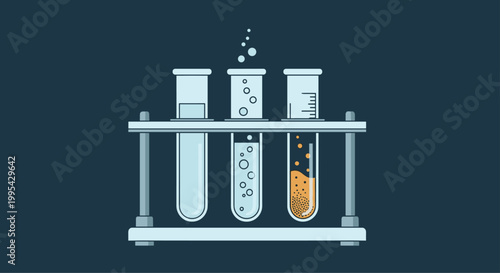 Laboratory equipment illustration featuring three glass test tubes filled with bubbling liquids sitting in a rack against a dark background.