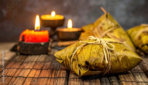 Delicious sticky rice dumplings wrapped in lotus leaves, a traditional Asian savory delicacy with a warm, inviting atmosphere