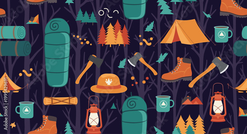 Seamless pattern of outdoor camping equipment including tents axes sleeping bags and lanterns among pine trees in a dark night forest.
