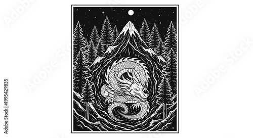 Detailed black and white fantasy illustration of a large dragon sleeping inside a mountain cave surrounded by a dense pine forest.