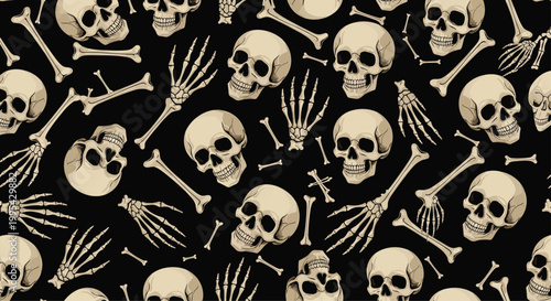 Seamless pattern of human skulls skeletal hands and various bones scattered on a black background for gothic or halloween decorations.