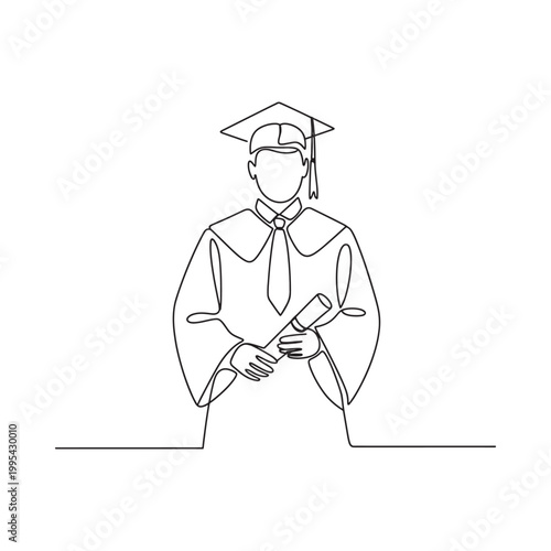 Continuous line drawing of a graduate in cap and gown holding diploma