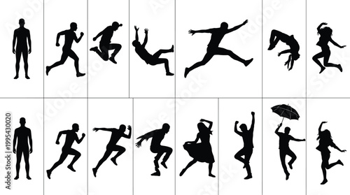 Large collection of black human silhouettes featuring running, jumping, falling, dancing, and parkour action poses isolated on a white background, vector.