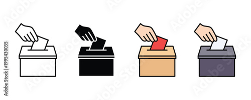 Voting ballot box and hand with paper icon vector. Election choice, democracy process, and political participation symbol. Vector Illustration.