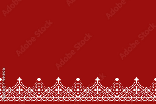 Red background with geometric bottom border featuring diamond motifs, cross details, and pointed peak accents. Seamless ethnic textile design with open upper space and decorative pixel trim.