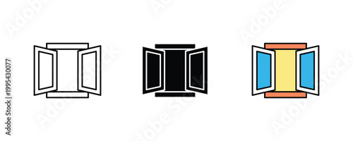 Open casement window and interior ventilation icon vector. Home architecture glass frame, residential building structure, and fresh air symbol. Vector Illustration.