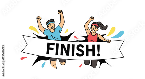 Happy male and female runners triumphantly crossing the finish line of a marathon race while holding a white banner together.