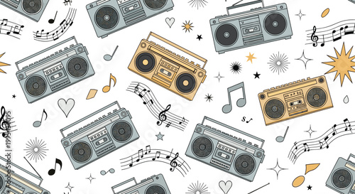 Nostalgic seamless pattern with retro boombox cassette players, musical notes, and stars representing the music culture of the eighties.