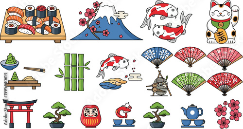 Japanese Culture and Cuisine Icon Set Featuring Sushi Platter Mount Fuji Maneki Neko Lucky Cat Koi Fish Torii Gate and Traditional Folding Fans for Asian Heritage Designs