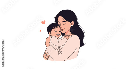 Tender and loving illustration of a young mother holding her baby close with tiny pink hearts floating around them on a white background.