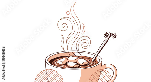 Warm and inviting illustration of a mug of hot chocolate topped with four marshmallows and steam rising from the surface in winter.