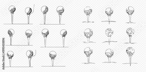 Set of hand-drawn golf balls on tees, sketch style illustrations for sports and recreation designs.