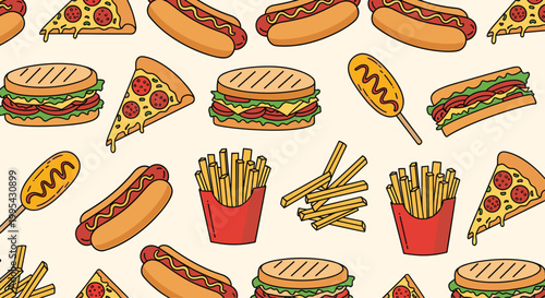 Colorful and fun seamless pattern of various fast food items including pizza slices, hot dogs, corndogs, and french fries on beige.