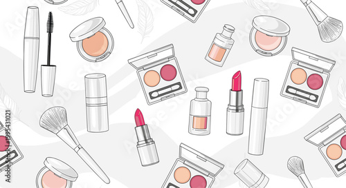 Elegant seamless pattern of various makeup and cosmetic products like lipsticks, eyeshadows, brushes, and mascara on a white background.