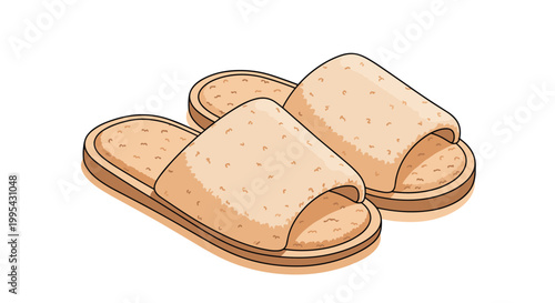 Pair of soft beige house slippers shown from an isometric perspective representing relaxation, comfort, and domestic life at home.