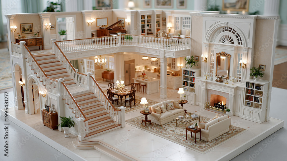 Obraz premium Miniature house dollhouse interior design living room staircase luxury model Miniature dollhouse interior design living room