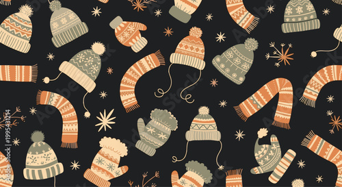 Seamless pattern featuring various winter clothing accessories including knitted hats, warm scarves, and mittens on a dark background.
