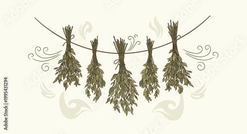 Rustic bundles of various dried herbs and plants hanging from a twine rope for drying and preservation in a traditional kitchen.