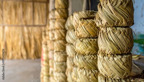 Stacks of Tightly Braided Woven Grass Mats Rolled Vertically for Storage