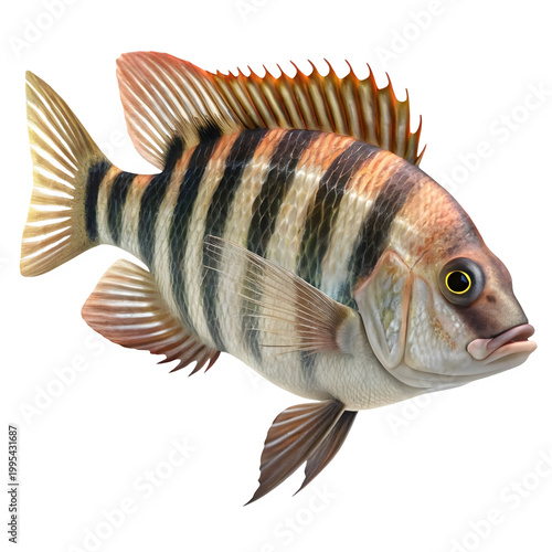A vibrant fish with striking black and orange stripes swimming in water