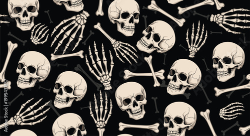 Edgy seamless pattern featuring human skulls, skeleton hands, and various bones arranged on a dark black background for a gothic theme.