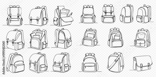 Set of Hand-Drawn Backpacks and Rucksacks for Travel, School, and Outdoor Adventures.