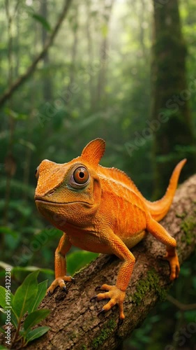 Vibrant Green Chameleon Perched on Branch in Lush Jungle Environment under Soft Natural Light