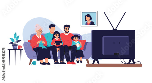 Cozy scene showing an extended family of several generations sitting on a sofa and watching television together in a living room.