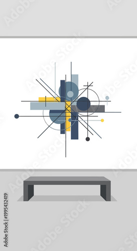 Abstract Geometric Art Displayed in Modern Gallery with Bench