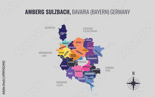 Photos A map showing Amberg Sulzbach BY Kreise into Gemeinden in a minimalist colorful