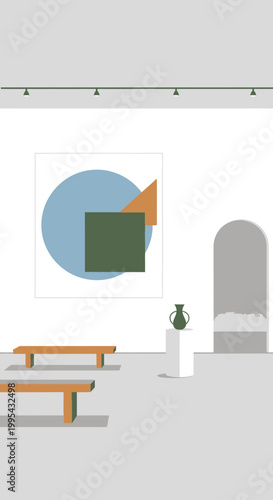 Modern Art Gallery Exhibition with Abstract Painting and Sculpture