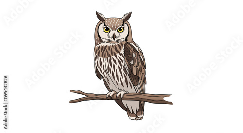 Illustration of a wise owl with large yellow eyes and detailed brown feathers perched on a tree branch isolated on white.