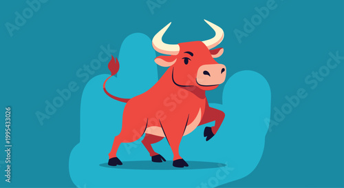 Powerful red bull with sharp horns and a determined expression standing against a layered blue abstract background for mascot design.