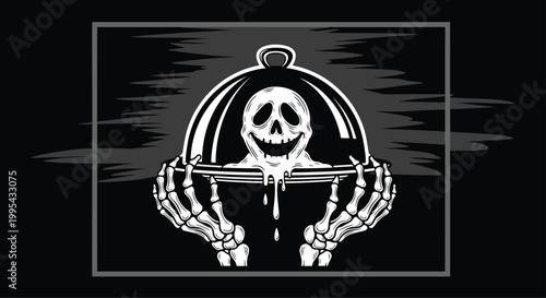 Dark illustration of skeleton hands holding a silver platter with a laughing skull underneath a cloche on a black background.