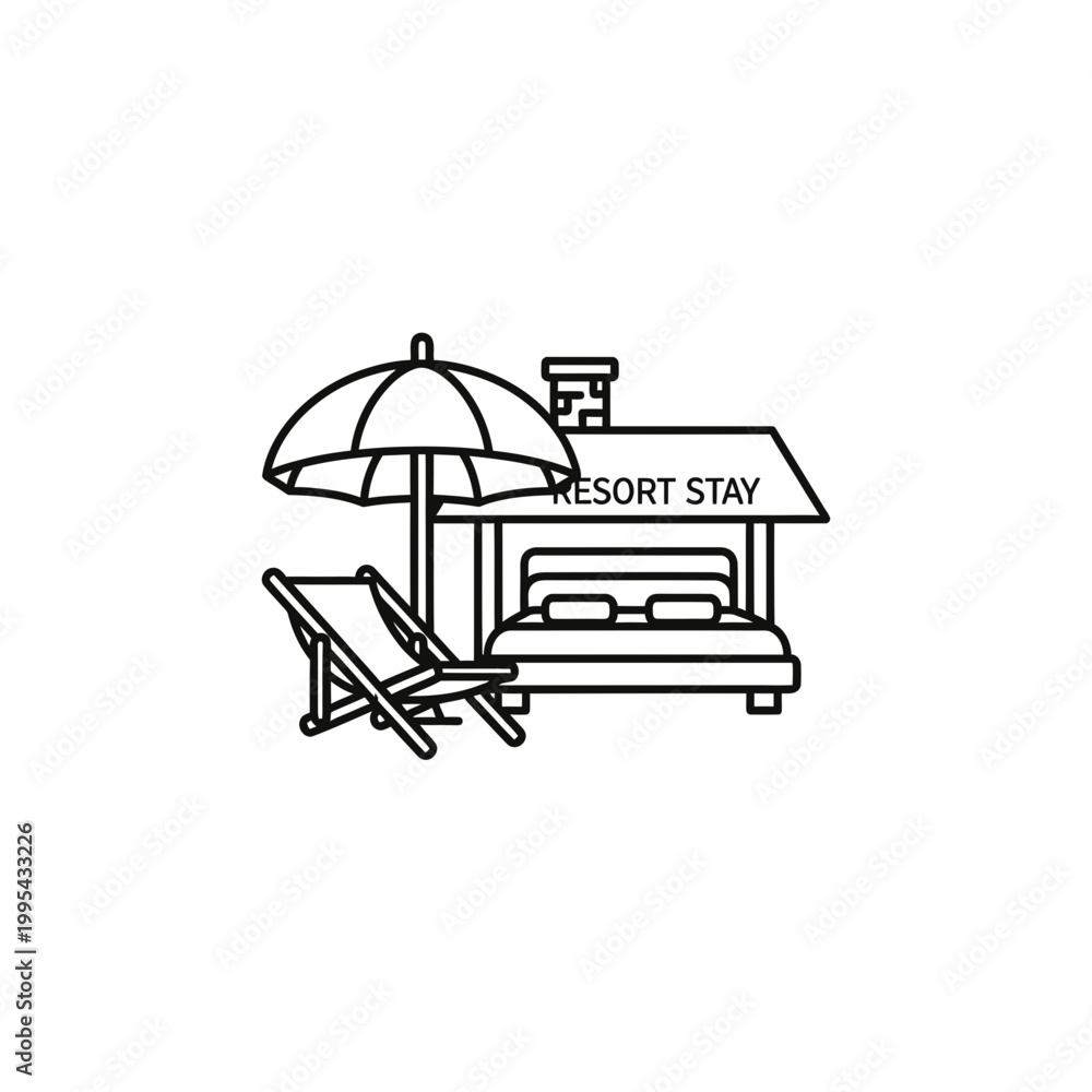 Naklejka premium Resort stay vacation icon with beach umbrella and bed line art