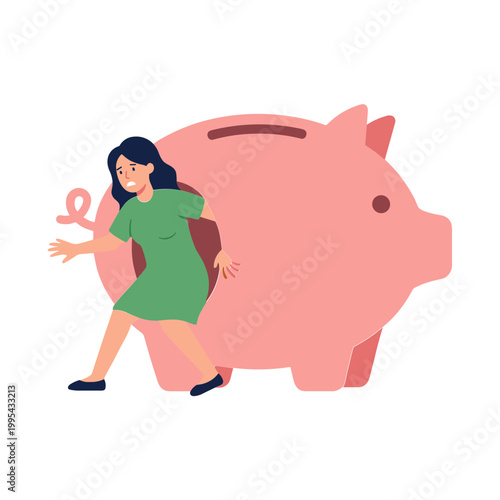 A woman cuts a large pink piggy bank with scissors in a simple setting.