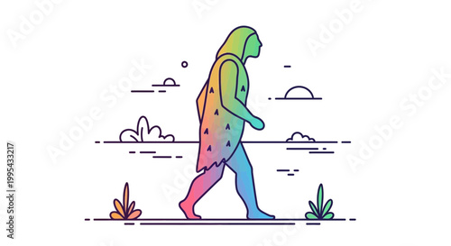 Colorful prehistoric human walking in nature, evolution concept, ancient man, rainbow colors