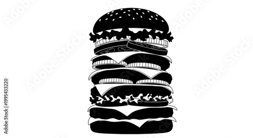 A black and white vector graphic illustration of a stylized hamburger with multiple layers