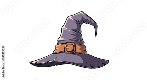 Classic purple wizard or witch hat with a worn brown leather strap and buckle isolated on a white background for magic themes.