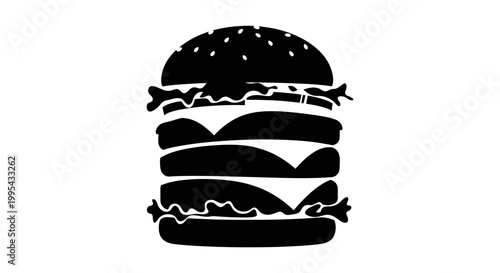 A minimalist black silhouette of a triple patty hamburger on a white background