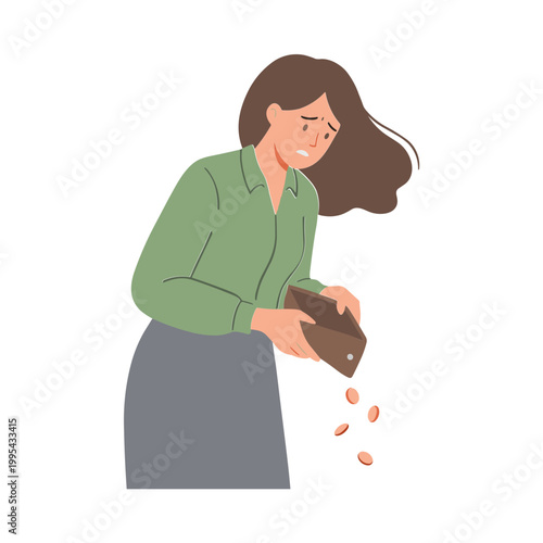 Woman empties her empty purse outside on a windy day feeling sad