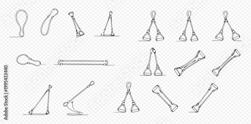 Set of various kitchen tongs and cooking utensils in hand-drawn sketch style, isolated on transparent background.
