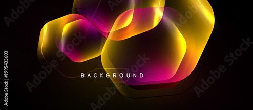 Abstract geometric shapes overlap, creating vibrant gradients. Gold, pink, purple hues dominate dark background. Modern design element.