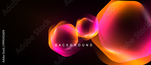 Vibrant abstract shapes overlap, creating dynamic colorful background. Gradient hues transition from orange to pink, set against black space.