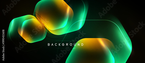 Abstract shapes overlap, creating vibrant gradients. Dark background emphasizes glowing neon colors, modern design element.