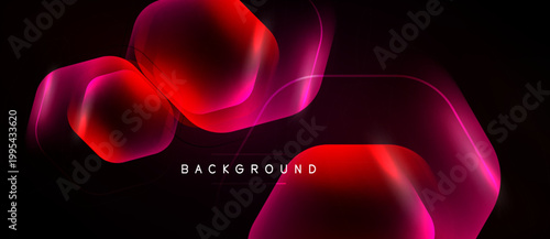 Abstract neon shapes overlap, creating vibrant red, pink gradients. Dark background emphasizes glowing elements. Modern design.