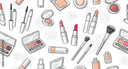 Seamless pattern with various cosmetics including lipstick, mascara, brushes, and eyeshadow palettes in a hand drawn sketch style.