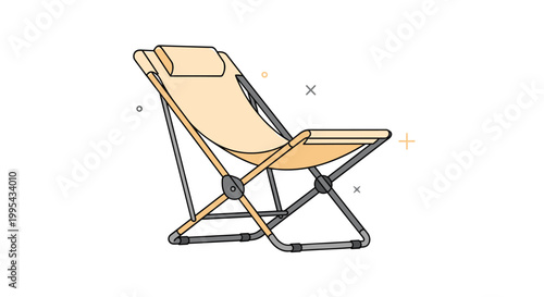 Simple illustration of a comfortable beige folding deck chair with a headrest pillow isolated on a white background for beach themes.