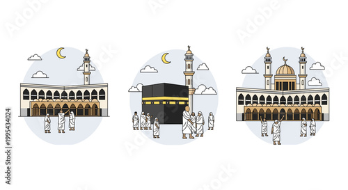 Illustrations of Islamic pilgrimage sites, including the Kaaba and mosques, depicting a spiritual journey and devotion
