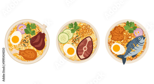 Three bowls of food - a delicious and healthy meal with chicken, steak, and fish